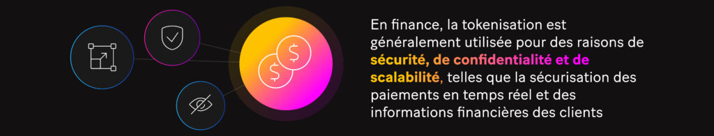 Image : En finance, la tokenisation est généralement utilisée pour des raisons de sécurité, de confidentialité et de scalabilité, telles que la sécurisation des paiements en temps réel et des informations financières des clients.