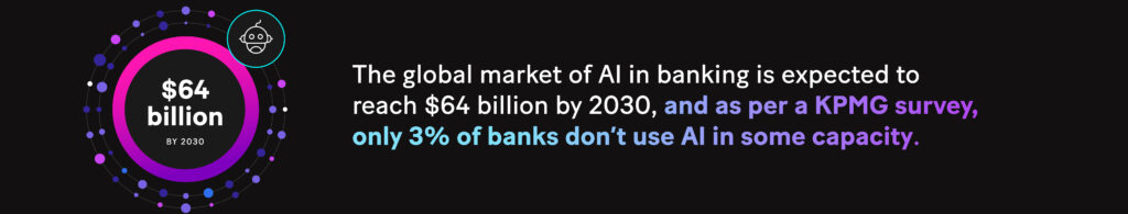 Image: The global market of AI in banking is expected to reach $64 billion by 2030, and as per a KPMG survey, only 3% of banks don’t use AI in some capacity.